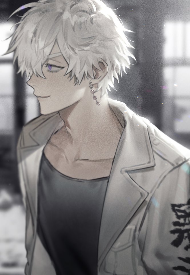 1boy blurry closed_mouth collarbone collared_jacket depth_of_field earrings from_side grey_shirt hair_over_one_eye hogu_051 imaushi_wakasa jacket jewelry light light_smile looking_ahead male_focus messy_hair open_clothes open_jacket shirt short_hair single_earring solo tokyo_revengers violet_eyes white_hair white_jacket