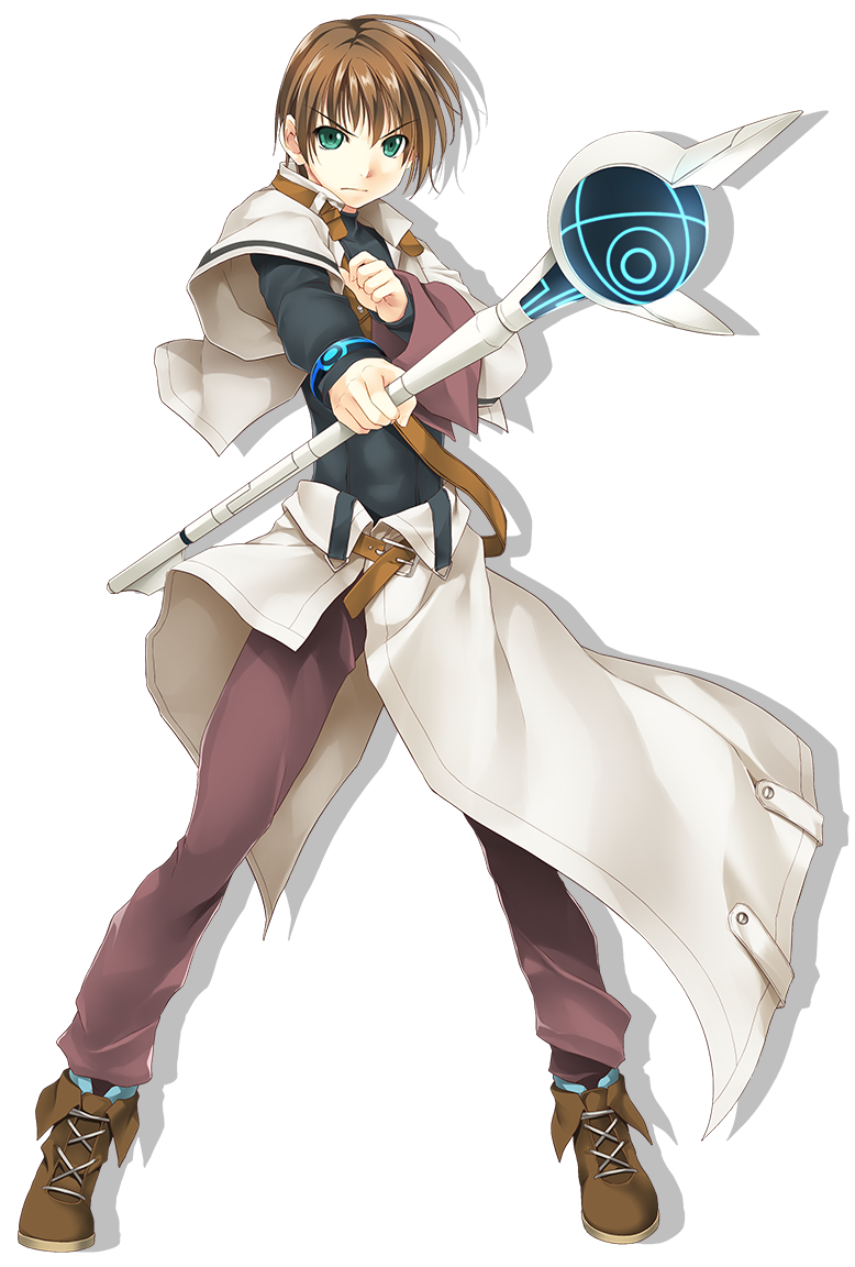 1boy alto_travers atelier-moo belt brown_footwear brown_hair brown_pants closed_mouth full_body green_eyes hair_between_eyes holding holding_staff jacket long_sleeves pants reaching reaching_towards_viewer shoes short_hair solo staff standing transparent_background white_jacket wizards_symphony