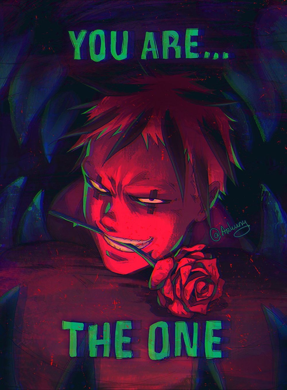 1boy arkuny blonde_hair dorohedoro english_text evil_smile facial_mark flower flower_in_mouth grin highres image_macro_(meme) looking_at_viewer male_focus meme multicolored_hair no_eyebrows pov_inside_mouth risu_(dorohedoro) rose seductive_smile sharp_teeth smile solo teeth two-tone_hair upper_body valentine