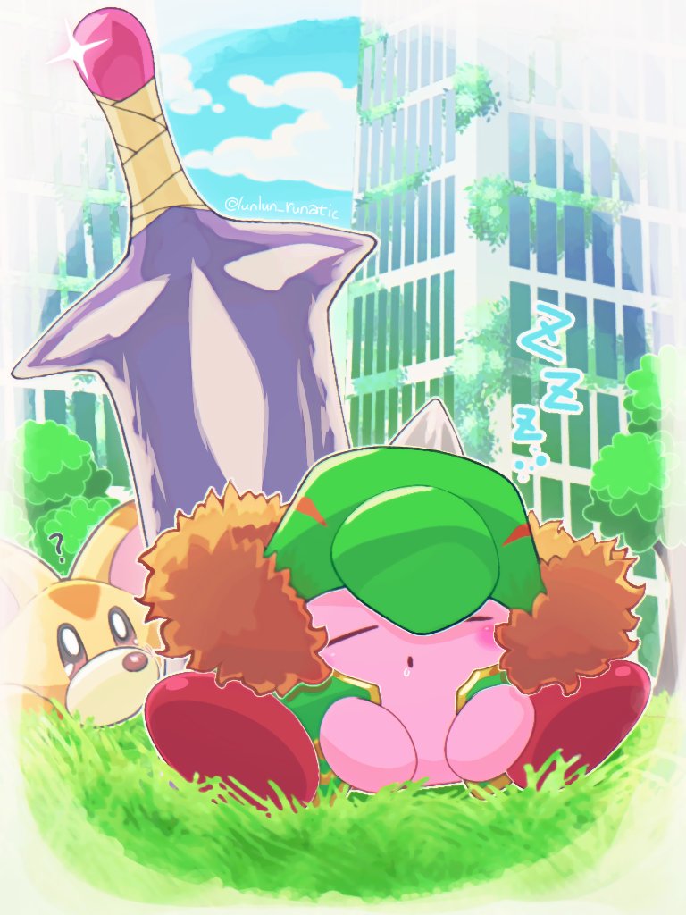 ? awoofy blue_sky closed_eyes closed_mouth clouds drooling gigant_sword_kirby kirby kirby_(series) kirby_and_the_forgotten_land on_grass open_eyes runachikku saliva sitting sky skyline sleeping sword_kirby white_background zzz