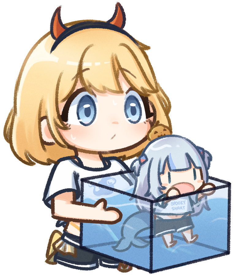 blonde_hair blue_eyes blush chibi chibi_only commentary demon_horns english_commentary fish_tank gawr_gura halloween hololive hololive_english hololive_summer_2023_swimsuit horn_hairband horns long_hair medium_hair moon_ldl multicolored_hair simple_background sweatdrop thick_outlines transparent_background watson_amelia |_|