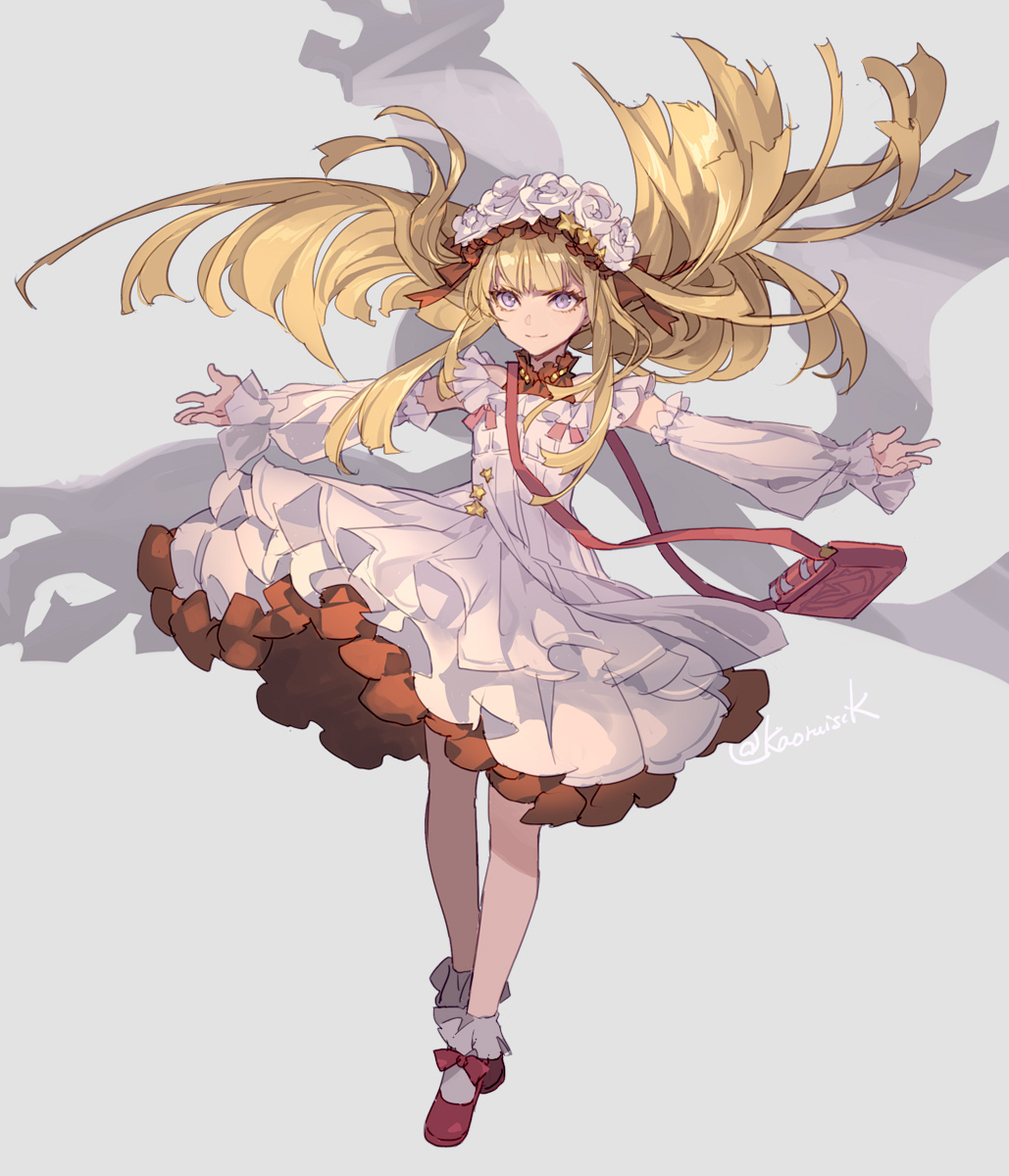 1girl alternate_costume artist_name bag blonde_hair blunt_bangs cagliostro_(granblue_fantasy) commentary_request detached_sleeves dress floating_clothes floating_hair frilled_dress frilled_sleeves frilled_socks frills full_body granblue_fantasy head_wreath headband highres long_hair off_shoulder outstretched_arms pota_(bluegutty) shoulder_bag signature silhouette smile socks solo twitter_username violet_eyes