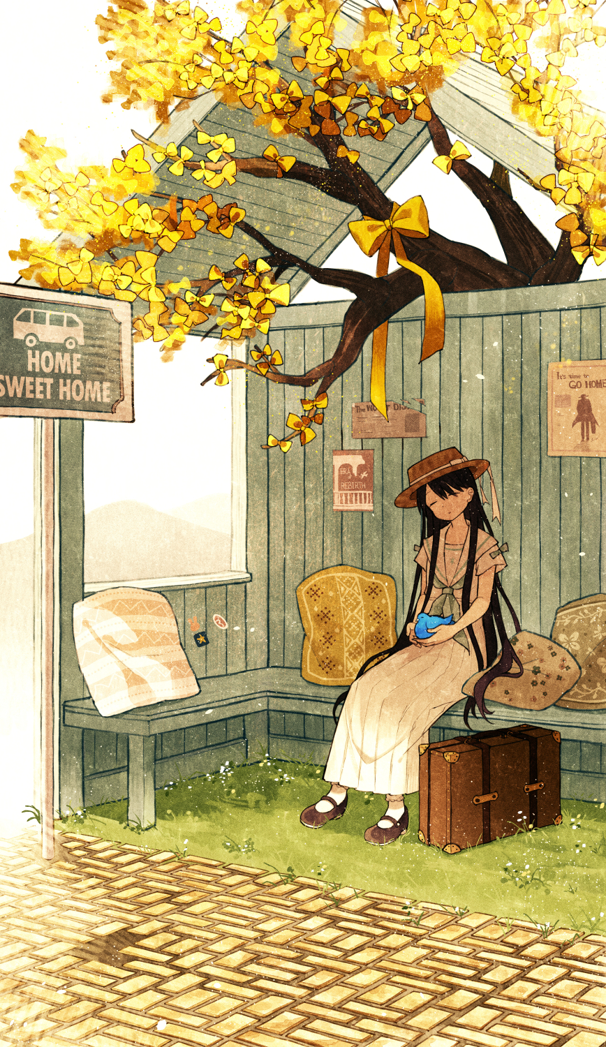 1girl animal bird black_hair blue_bird bow brick_floor bus_stop closed_eyes commentary_request day dress grass hat highres hinata_(echoloveloli) holding holding_animal holding_bird long_hair mary_janes original outdoors pillow ribbon scenery shoes short_sleeves sign sitting solo sticker suitcase tree very_long_hair white_dress white_ribbon wide_shot yellow_bow