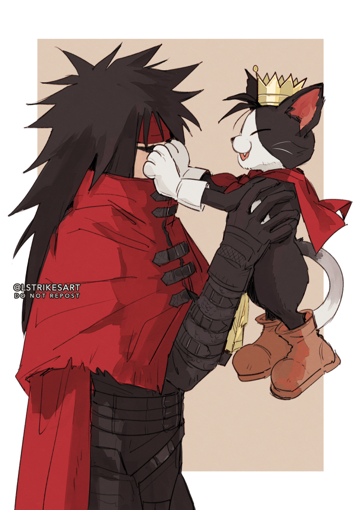 2boys animal belt black_fur black_gloves black_hair black_pants black_shirt boots border brown_background brown_footwear cait_sith_(ff7) cape cat cloak closed_eyes crown fang final_fantasy final_fantasy_vii final_fantasy_vii_rebirth final_fantasy_vii_remake full_body gloves hands_on_another's_face headband holding holding_animal holding_cat lightningstrikes male_focus messy_hair mini_crown multiple_belts multiple_boys open_mouth pants red_cape red_cloak red_headband shirt smile torn_cloak torn_clothes twitter_username two-tone_fur upper_body vincent_valentine white_border white_fur white_gloves