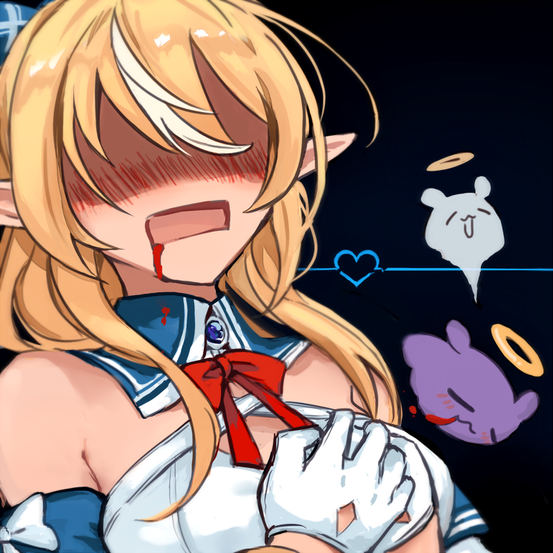 1girl :3 bare_shoulders blonde_hair blood blood_from_mouth blush cardiogram dark_background giving_up_the_ghost gloves halo hand_on_own_chest hololive hololive_english multicolored_hair neck_ribbon nose_blush pointy_ears rectangular_mouth red_ribbon ribbon shaded_face shiranui_flare shiranui_flare_(1st_costume) solo streaked_hair takodachi_(ninomae_ina'nis) upper_body virtual_youtuber white_gloves white_hair yuuyu_(777)