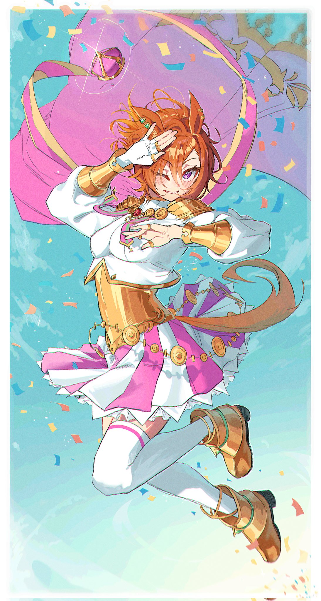 1girl animal_ears armor blush boots breasts brooch cape confetti corrupted_twitter_file corset crown ear_bar fingerless_gloves glint gloves highres horse_ears horse_girl horse_tail jewelry jjan-uyu jumping korean_commentary long_sleeves looking_at_viewer mini_crown multiple_rings one_eye_closed orange_hair pink_cape ring shading_eyes shirt short_hair shoulder_armor skirt sky small_breasts solo t.m._opera_o_(umamusume) tail thigh-highs two-tone_skirt umamusume unworn_crown violet_eyes white_gloves white_shirt white_thighhighs yellow_footwear