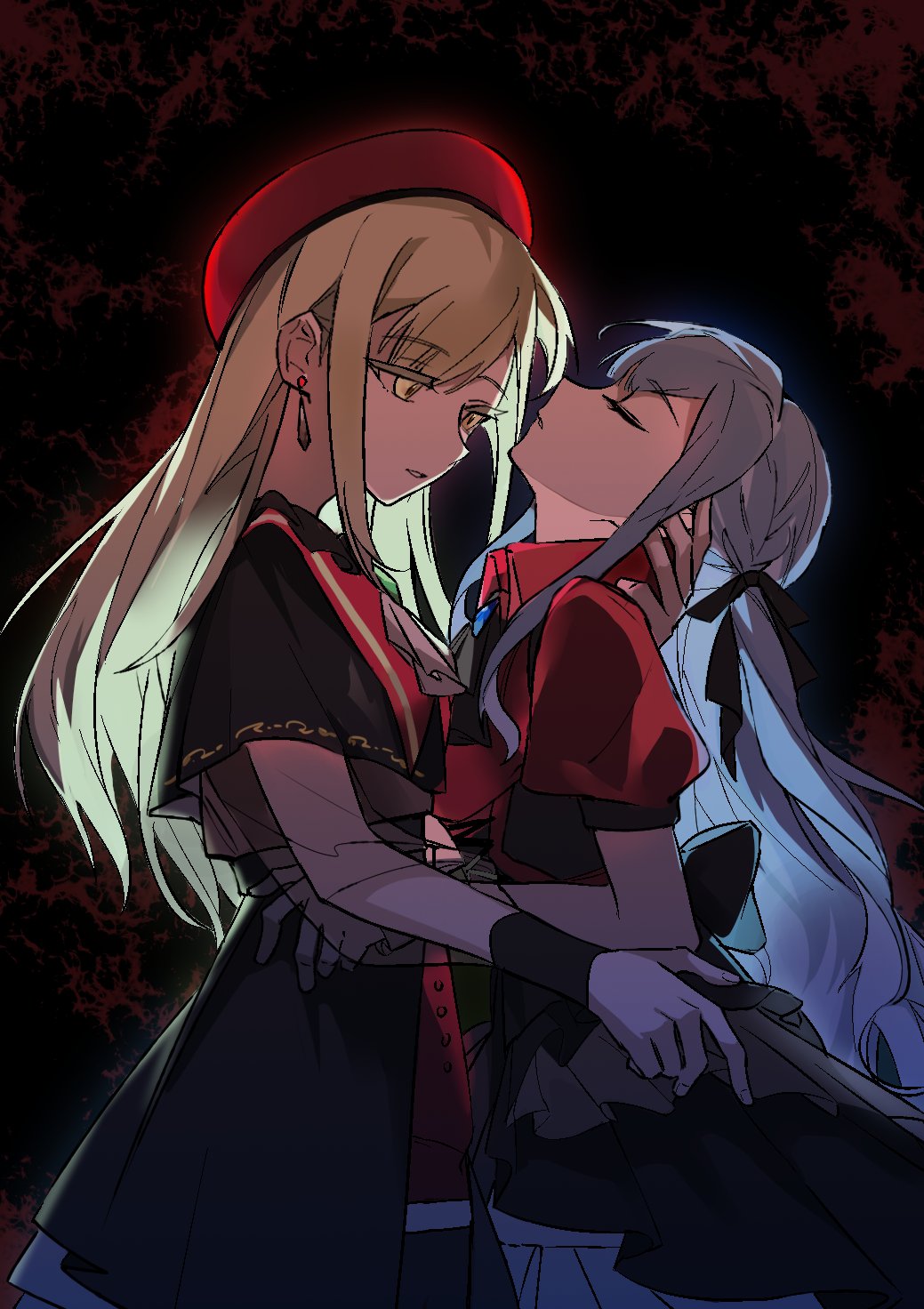 2girls ascot baiyubyy bang_dream! bang_dream!_it's_mygo!!!!! black_ascot black_background black_capelet black_ribbon black_skirt blonde_hair blue_hair capelet collared_shirt commentary cowboy_shot earrings green_hair hair_ribbon hand_on_another's_neck hand_on_another's_waist highres jewelry lcl long_hair multiple_girls parted_lips red_background red_shirt red_shorts redhead ribbon see-through see-through_sleeves shirt shorts skirt togawa_sakiko wakaba_mutsumi yuri