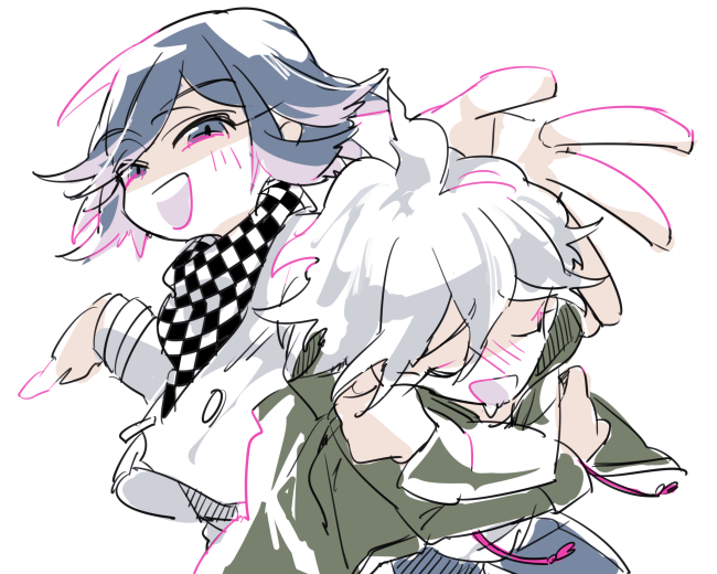 2boys ahoge arm_belt belt black_scarf blue_pants blush_stickers buttons checkered_clothes checkered_scarf commentary_request cowboy_shot crossed_arms danganronpa_(series) danganronpa_2:_goodbye_despair danganronpa_v3:_killing_harmony deformed green_jacket green_sleeves hood hood_down hooded_jacket in-franchise_crossover jacket komaeda_nagito long_sleeves male_focus me_(lililico) multiple_boys oma_kokichi open_clothes open_jacket open_mouth outstretched_arms pants partial_commentary purple_hair scarf self_hug shirt short_hair simple_background single_blush_sticker smile teeth two-tone_scarf upper_teeth_only violet_eyes white_background white_belt white_hair white_jacket white_scarf white_shirt white_sleeves