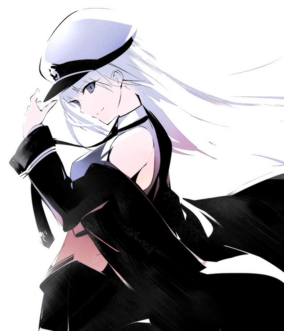 1girl azur_lane black_coat black_skirt breasts closed_mouth coat commentary enterprise_(azur_lane) from_side grey_eyes hat head_tilt long_hair long_sleeves looking_at_viewer looking_to_the_side medium_bangs medium_breasts off_shoulder peaked_cap shirt simple_background skirt smile solo tugmix upper_body white_background white_hair white_hat white_shirt