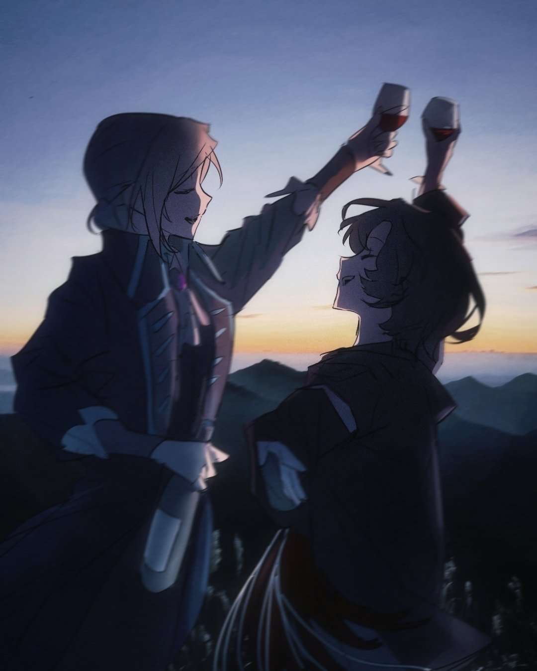 2girls arm_up ascot black_coat black_jacket bottle brown_hair chinese_commentary closed_eyes coat commentary_request cup dawn drinking_glass grey_hair hair_bun highres holding holding_bottle horizon jacket long_sleeves mountain multiple_girls npc_(irene_rosa86858) open_mouth outdoors photo_background red_wine reverse:1999 schneider_(reverse:1999) short_hair single_side_bun smile sunrise toasting_(gesture) vertin_(reverse:1999) white_ascot wine_glass