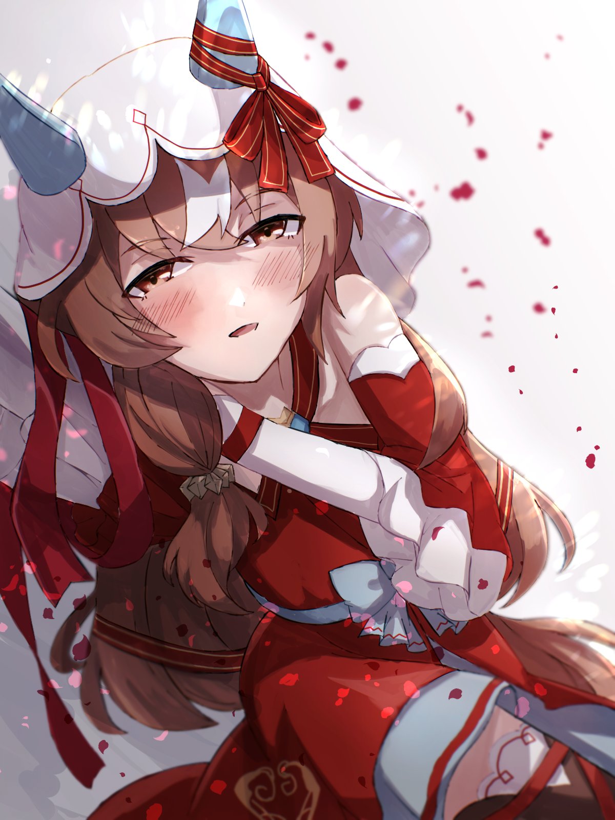 1girl animal_ears blush breasts brown_hair detached_sleeves hair_between_eyes hair_ornament highres horse_ears horse_girl horse_tail looking_at_viewer lying okapun on_side open_mouth petals reaching reaching_towards_viewer red_eyes solo still_in_love_(umamusume) tail thigh-highs umamusume veil white_background