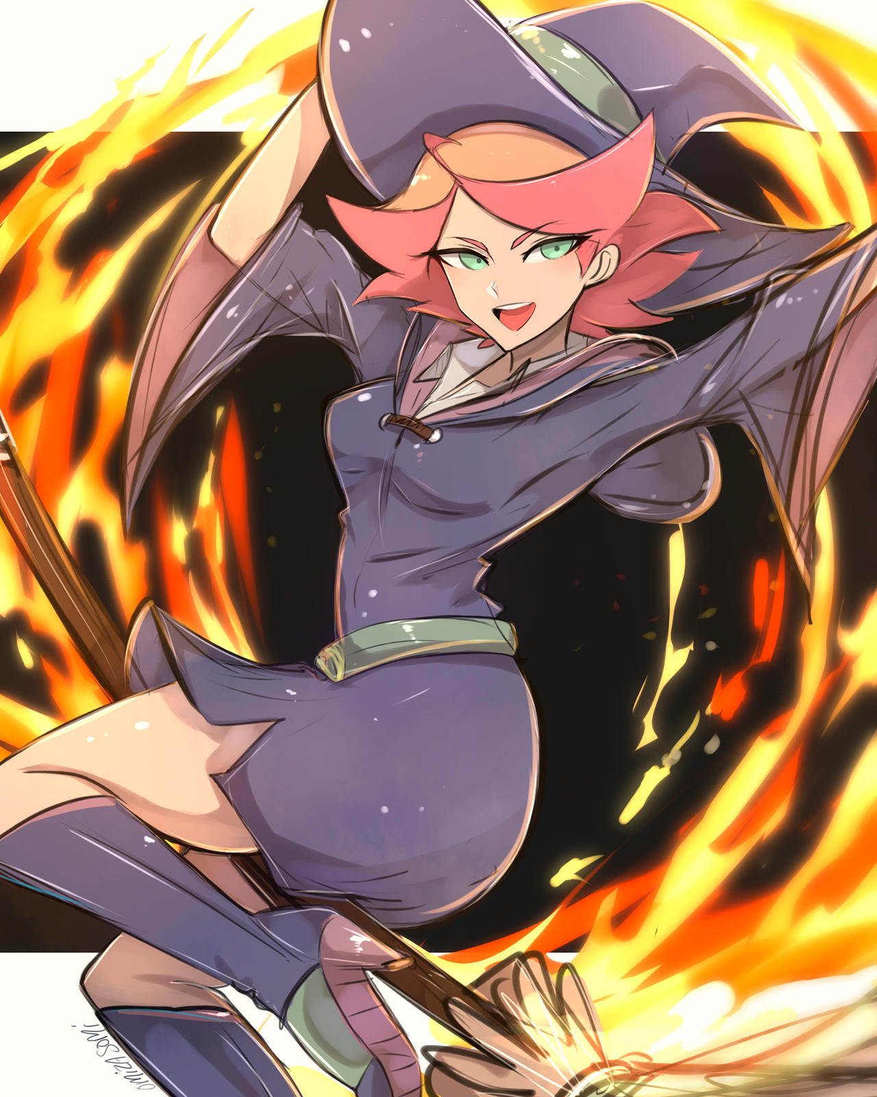 1girl amanda_o'neill arms_up belt boots broom broom_riding commentary dress english_commentary fire green_belt green_eyes hat high_heel_boots high_heels highres knee_boots little_witch_academia looking_at_viewer luna_nova_school_uniform medium_hair multicolored_hair omiza_somi open_mouth purple_dress purple_footwear purple_hat redhead school_uniform signature solo teeth two-tone_hair upper_teeth_only witch_hat