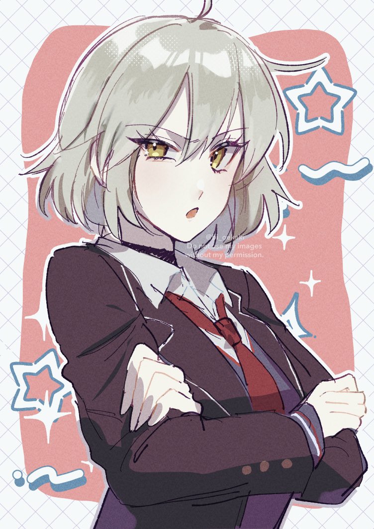 12_hnt 1girl ahoge alternate_costume black_jacket blazer collared_shirt crossed_arms fate/grand_order fate_(series) grey_hair jacket jeanne_d'arc_alter_(avenger)_(fate) jeanne_d'arc_alter_(fate) looking_at_viewer necktie open_clothes open_jacket open_mouth pink_background red_necktie school_uniform shirt short_hair simple_background solo sweater_vest upper_body yellow_eyes
