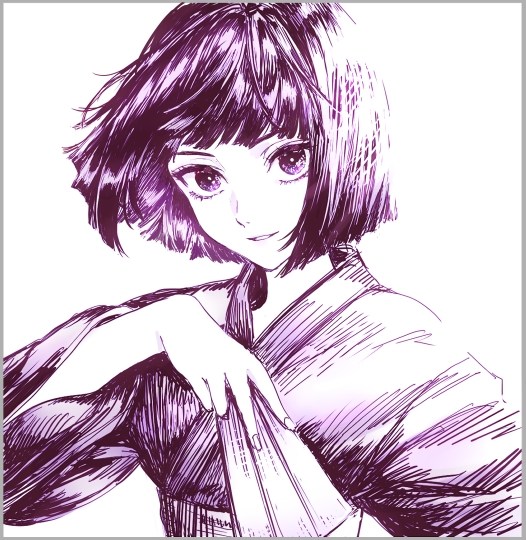 1boy androgynous arm_up bob_cut crosshatching folding_fan gradient_clothes gradient_hair hand_fan hatching_(texture) holding holding_fan hunter_x_hunter japanese_clothes kalluto_zoldyck kimono light_smile looking_at_viewer mr_(llwis41) multicolored_hair obi purple_hair purple_kimono sash short_hair simple_background smile violet_eyes wide_sleeves