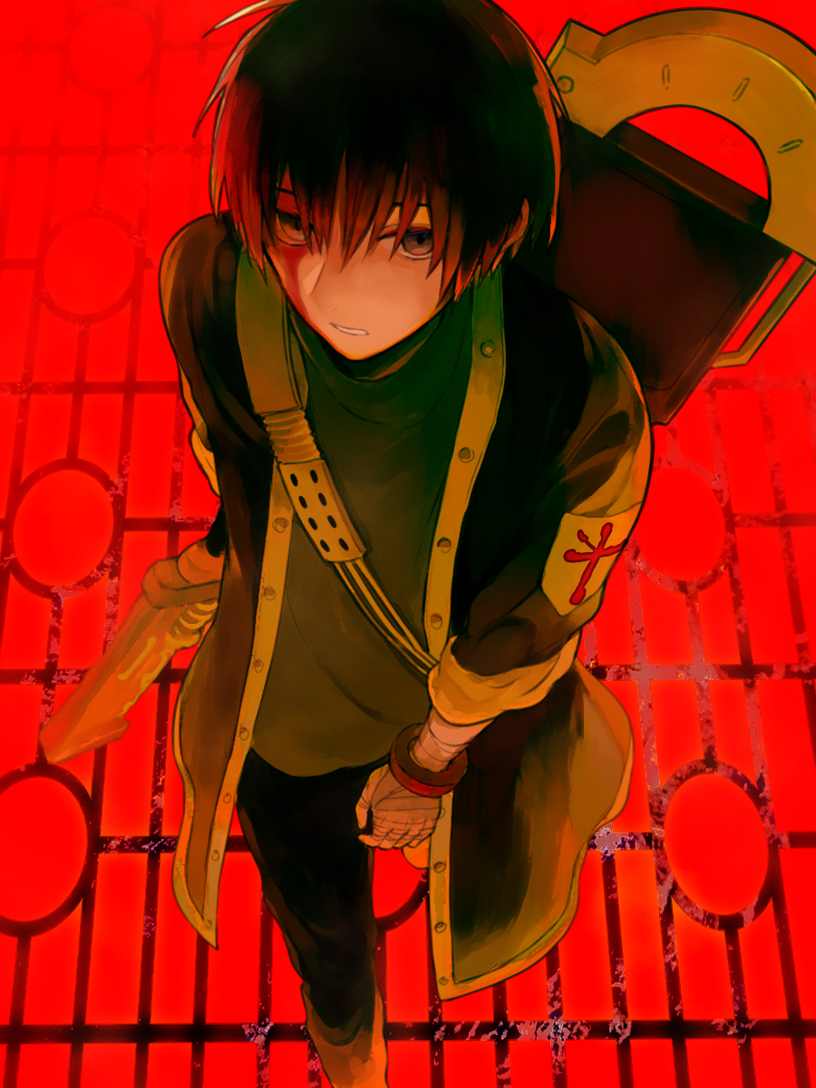 1boy akio_(89e) bandaged_hand bandages baroque_(series) black_coat black_hair brown_eyes coat dated_commentary eyebrows_hidden_by_hair from_above full_body hair_between_eyes highres looking_at_viewer male_focus open_clothes open_coat parted_lips protagonist_(baroque) red_background short_hair solo sweater turtleneck turtleneck_sweater walking weapon
