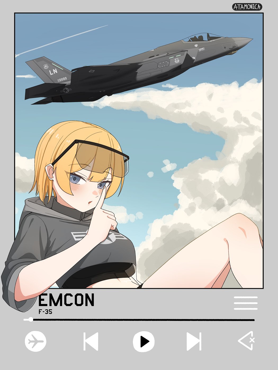 aircraft airplane artist_name atamonica black_sports_bra blonde_hair blue_eyes blue_sky blush border bra breasts center-flap_bangs character_name clouds collared_shirt cropped_hoodie f-35_lightning_ii fighter_jet finger_to_mouth glasses goggles grey_border grey_hood grey_hoodie highres hood hoodie index_finger_raised jet large_breasts leaning_back lockheed_martin looking_at_viewer media_player_interface midriff military military_vehicle open_mouth original personification play_button roundel safety_glasses scenery shirt short_hair short_sleeves shushing sitting sky solo sports_bra thighs through_medium underwear united_states_air_force vehicle_and_personification