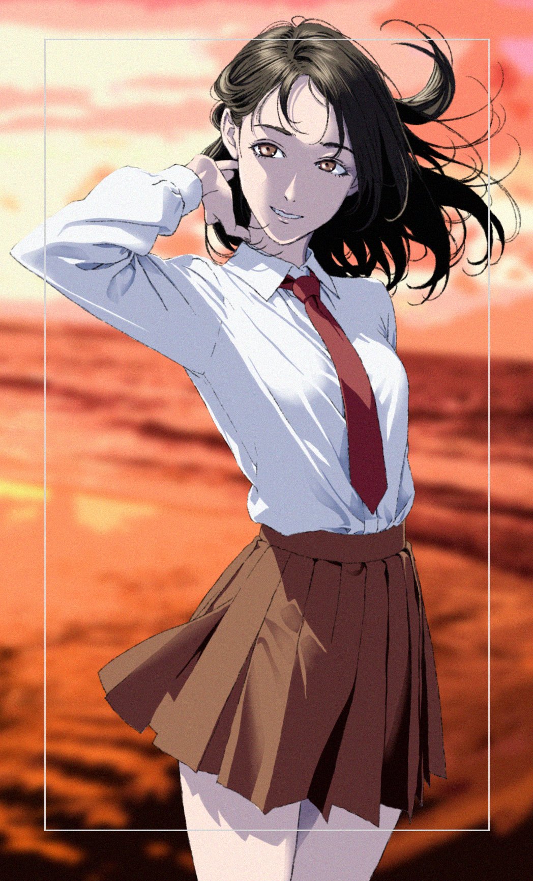 1girl black_hair breasts brown_eyes brown_skirt collared_shirt cowboy_shot floating_hair highres ishihama_masashi looking_to_the_side medium_hair necktie original outdoors parted_lips pleated_skirt red_necktie shirt skirt sky small_breasts smile solo twilight white_shirt wind