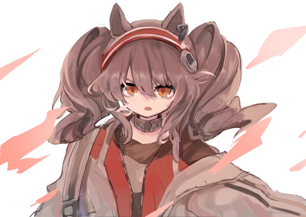1girl angelina_(arknights) animal_ears arknights black_collar brown_hair coat collar commentary earpiece floating_hair fox_ears fox_girl hair_between_eyes hairband infection_monitor_(arknights) jacket looking_at_viewer medium_hair nacoty no_nose open_clothes open_coat open_mouth red_eyes red_hairband red_jacket shirt sidelocks solo striped_clothes striped_hairband striped_shirt twintails unzipped upper_body v-shaped_eyebrows white_background white_coat