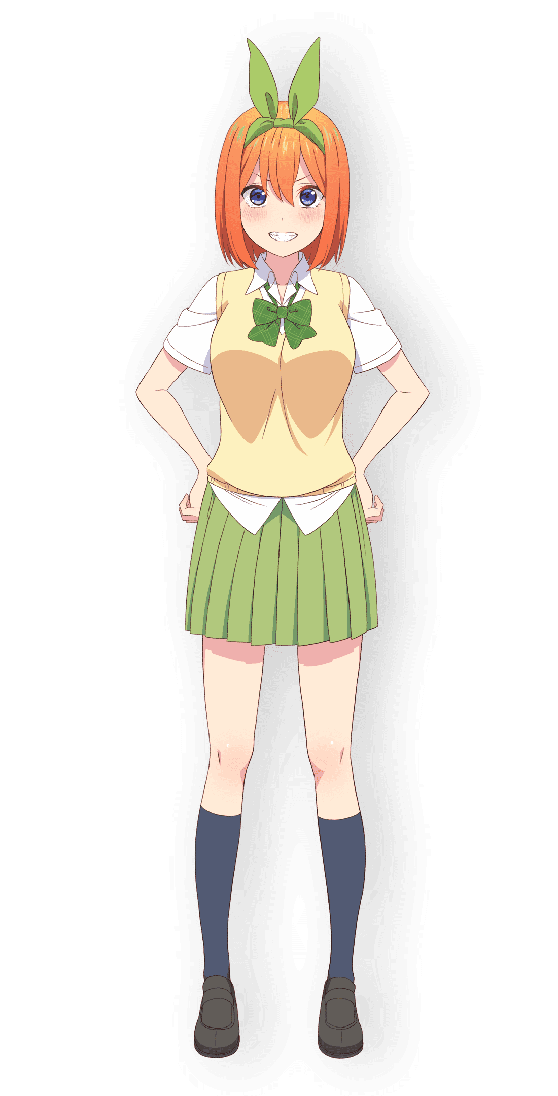 1girl artist_request black_footwear blue_eyes blue_socks blush bow bowtie breasts curled_fingers double-parted_bangs dress_shirt eyelashes full_body furrowed_brow go-toubun_no_hanayome green_bow green_bowtie green_skirt grin hair_between_eyes hair_bow hands_on_own_hips highres kneehighs loafers long_bangs looking_at_viewer miniskirt nakano_yotsuba official_art orange_hair plaid plaid_bow plaid_bowtie pleated_skirt school_uniform shirt shoes short_hair short_sleeves skirt smile socks solo standing straight-on sweater_vest v-shaped_eyebrows white_background white_shirt yellow_sweater_vest