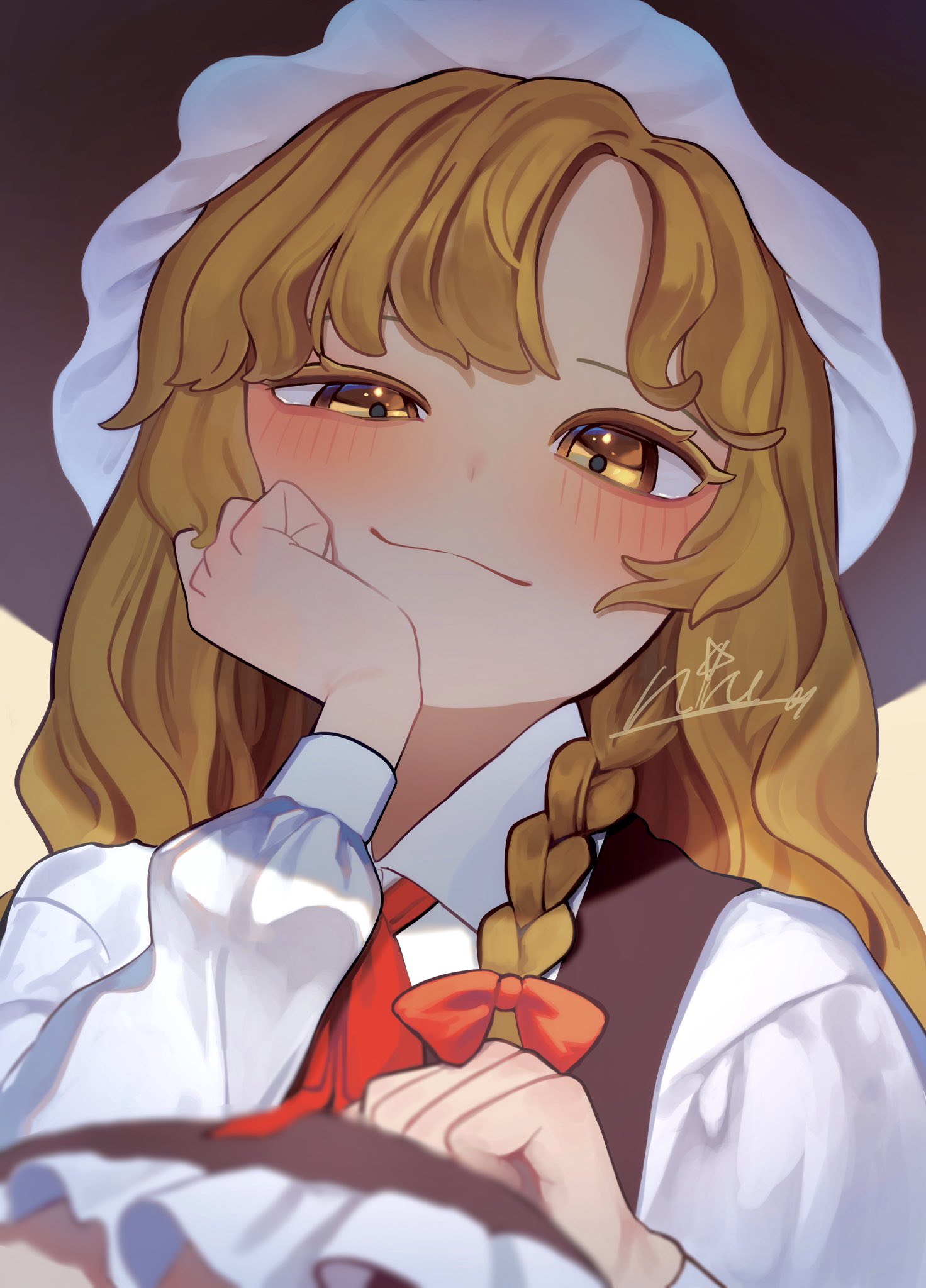1girl black_hat blonde_hair blush braid closed_mouth commentary_request from_below hand_on_own_face hat highres kirisame_marisa long_hair looking_at_viewer niru_05 shirt side_braid simple_background smile smirk solo touhou upper_body white_background white_shirt witch witch_hat yellow_eyes