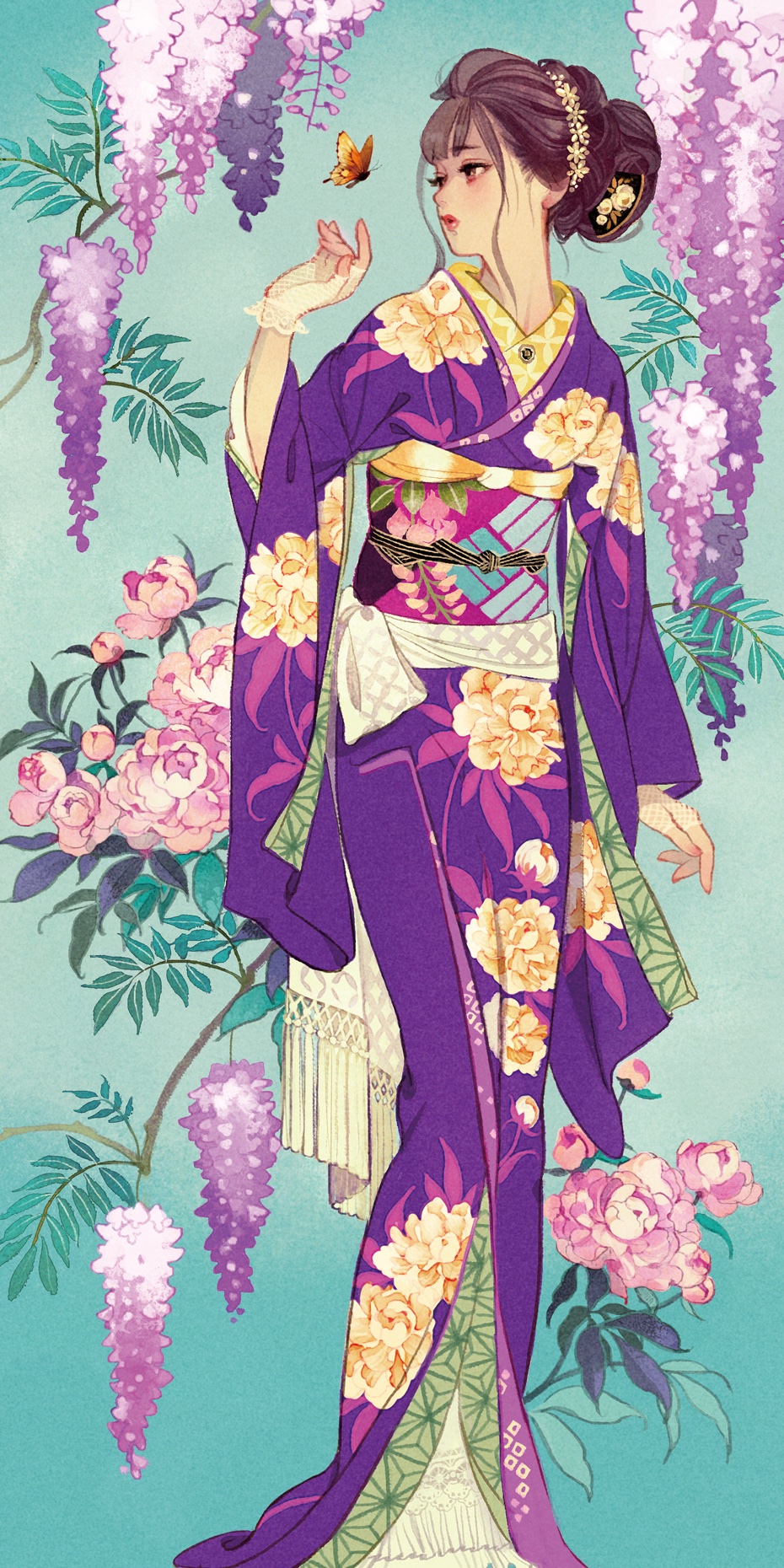 1girl black_hair floral_print flower hair_ornament highres japanese_clothes kimono lipstick long_hair makeup matsuo_hiromi sash solo