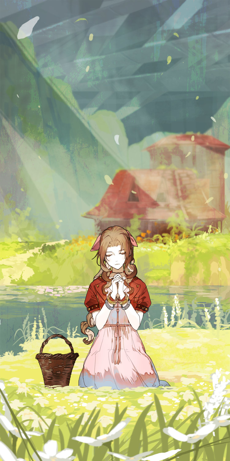 1girl aerith_gainsborough basket bracelet brown_hair closed_eyes closed_mouth commentary cropped_jacket dress facing_viewer final_fantasy final_fantasy_vii final_fantasy_vii_rebirth final_fantasy_vii_remake full_body grass hair_ribbon highres interlocked_fingers jacket jewelry long_hair outdoors own_hands_clasped own_hands_together parted_bangs pink_dress pink_ribbon razavi red_jacket ribbon seiza short_sleeves sidelocks sitting solo water