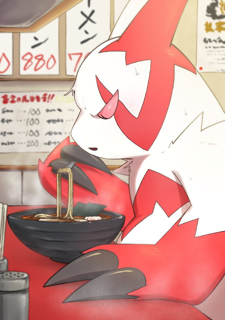 bowl chopsticks claws colored_sclera food from_side holding holding_chopsticks indoors matchstick_39 no_humans noodles pokemon pokemon_(creature) ramen red_sclera solo sweat upper_body zangoose