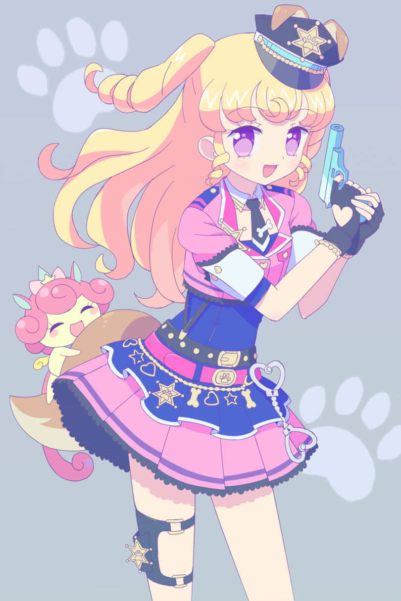 1girl :d animal_ears belt black_belt black_necktie blonde_hair bone commentary_request cowboy_shot cropped_jacket cuffs dog_ears dog_tail frilled_skirt frills grey_background gun handcuffs hands_up hat highres holding holding_gun holding_weapon holster idol_clothes idol_time_pripara jacket ku_(residual666) long_hair looking_at_viewer necktie open_mouth pink_jacket pink_skirt pleated_skirt police police_hat police_uniform pretty_series pripara punicorn ringlets skirt smile solo standing tail thigh_holster two_side_up unicorn uniform violet_eyes weapon yumekawa_yui