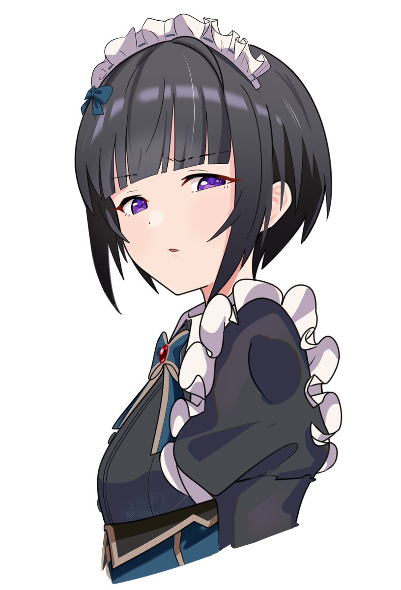 1girl black_dress black_hair blue_bow blue_bowtie blue_ribbon blunt_bangs blush bob_cut bow bowtie cropped_torso disgust dot_nose dress flat_chest from_side hair_bow hair_ribbon highres idolmaster idolmaster_cinderella_girls idolmaster_cinderella_girls_starlight_stage looking_at_viewer mitche parted_lips puffy_sleeves ribbon shirayuki_chiyo short_hair simple_background solo upper_body violet_eyes white_background white_headdress