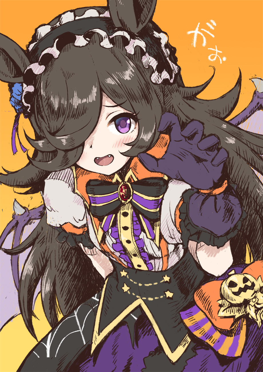 1girl animal_ears bat_wings blush bow bowtie brown_hair claw_pose fangs frilled_hairband frills gloves hair_over_one_eye hairband hand_up highres horse_ears long_hair looking_at_viewer orange_background orange_bow puffy_short_sleeves puffy_sleeves purple_gloves purple_skirt raised_eyebrows rice_shower_(make_up_vampire!)_(umamusume) rice_shower_(umamusume) satomura_kyou shirt short_sleeves skirt solo umamusume upper_body violet_eyes white_shirt wings