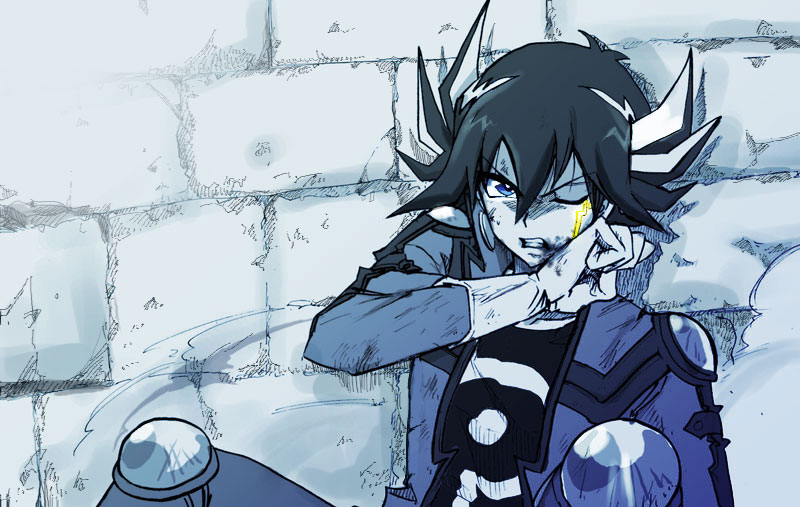 1boy against_wall biker_clothes black_hair black_shirt blood blood_on_face blood_on_hands brick_wall clenched_hand clenched_teeth fudo_yusei jote_(chokure) knee_pads monochrome one_eye_closed shirt teeth wince yu-gi-oh! yu-gi-oh!_5d's