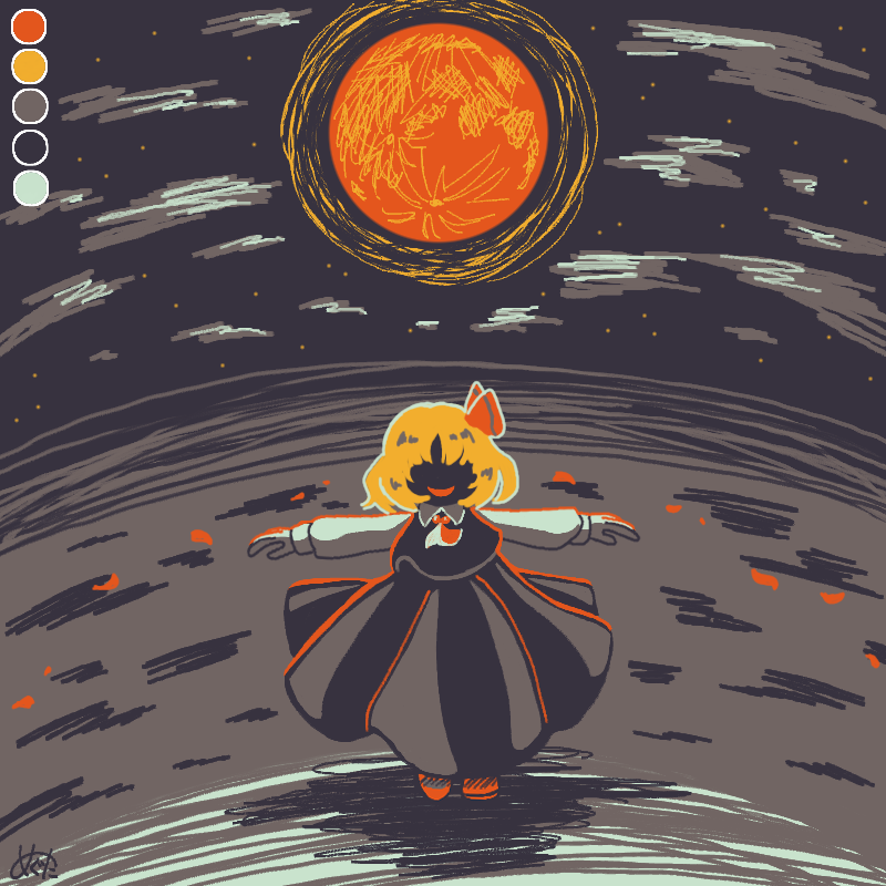 1girl ascot black_vest blonde_hair clouds cloudy_sky darkness hair_ribbon limited_palette meguta_5601 moon night open_mouth outstretched_arms red_ascot red_moon ribbon rumia short_hair skirt skirt_set sky smile solo spread_arms touhou vest