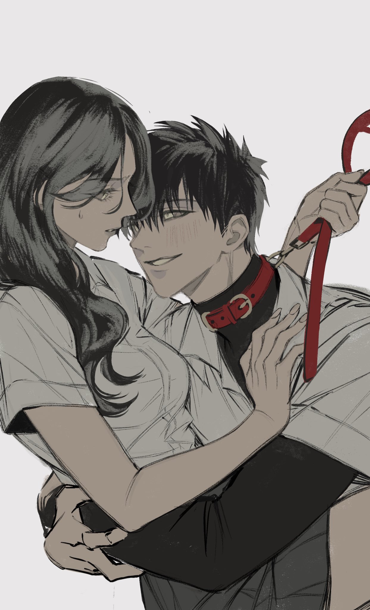 1boy 1girl black_hair couple dark_skin eye_contact hand_on_another's_chest hetero highres holding holding_leash holding_waist hug leash long_hair looking_at_another original oxi206 school_uniform short_hair smile turtleneck