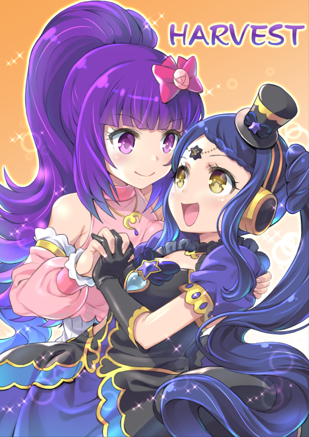 2girls :d black_dress black_gloves blue_hair blunt_bangs bow braid braided_bangs closed_mouth cover cover_page cowboy_shot detached_sleeves dress garara_s_leep gloves hair_bow hanazono_shuka hand_on_another's_back hand_up hat head_chain headphones holding_hands idol_clothes idol_time_pripara interlocked_fingers long_hair looking_at_another mini_hat mizuki_gyokuran multiple_girls open_mouth pink_bow ponytail pretty_series pripara puffy_short_sleeves puffy_sleeves purple_hair short_sleeves smile symbol-shaped_pupils twintails very_long_hair violet_eyes yellow_eyes