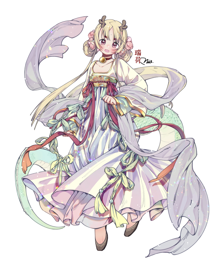 1girl :d antlers bell blonde_hair blush braid chinese_clothes chinese_zodiac collarbone double_bun dragon_girl dragon_horns dragon_tail dress flower full_body hagoromo hair_bun hair_flower hair_ornament hair_rings hanfu horns long_hair long_sleeves looking_at_viewer mia0309 open_mouth original parted_bangs pointy_ears red_eyes ribbon shawl shoes simple_background smile solo tachi-e tail white_background