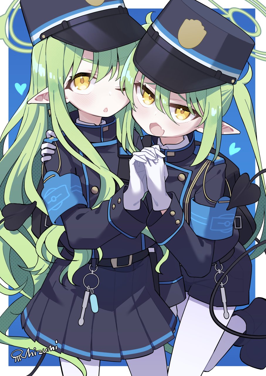 2girls belt black_belt black_footwear black_hat black_jacket black_shorts black_skirt black_tail blue_archive blush boots demon_tail fang gloves green_hair green_halo halo hat heart highlander_sidelocks_conductor_(blue_archive) highlander_twintails_conductor_(blue_archive) highres jacket long_hair long_sleeves looking_at_viewer mizumi_(artist) multiple_girls one_eye_closed open_mouth pantyhose peaked_cap pleated_skirt pointy_ears shorts signature skin_fang skirt tail white_gloves white_pantyhose yellow_eyes