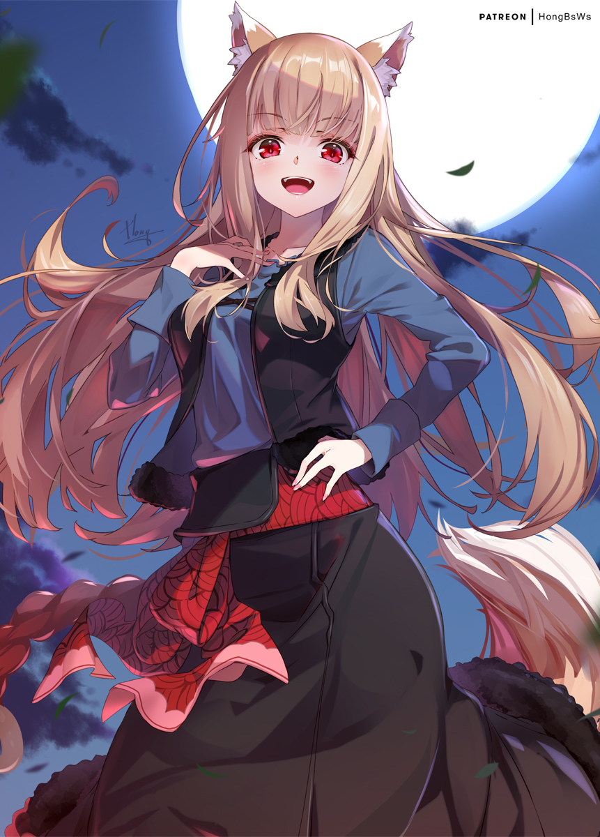 1girl :d animal_ears blush breasts clouds full_moon highres holo hong_(white_spider) light_brown_hair long_hair long_sleeves looking_at_viewer moon night night_sky open_mouth outdoors patreon_username red_eyes sky smile solo spice_and_wolf tail wolf_ears wolf_girl wolf_tail