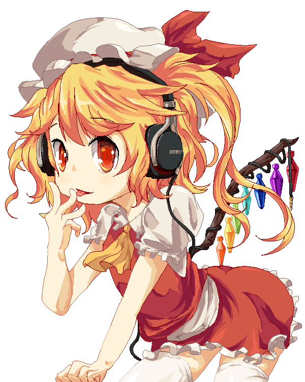 1girl ascot awa_(bihidasu) blonde_hair cowboy_shot crystal_wings dress flandre_scarlet hand_up hat headphones mob_cap open_mouth red_dress red_eyes red_ribbon ribbon simple_background solo thigh-highs tongue tongue_out touhou white_background yellow_ascot