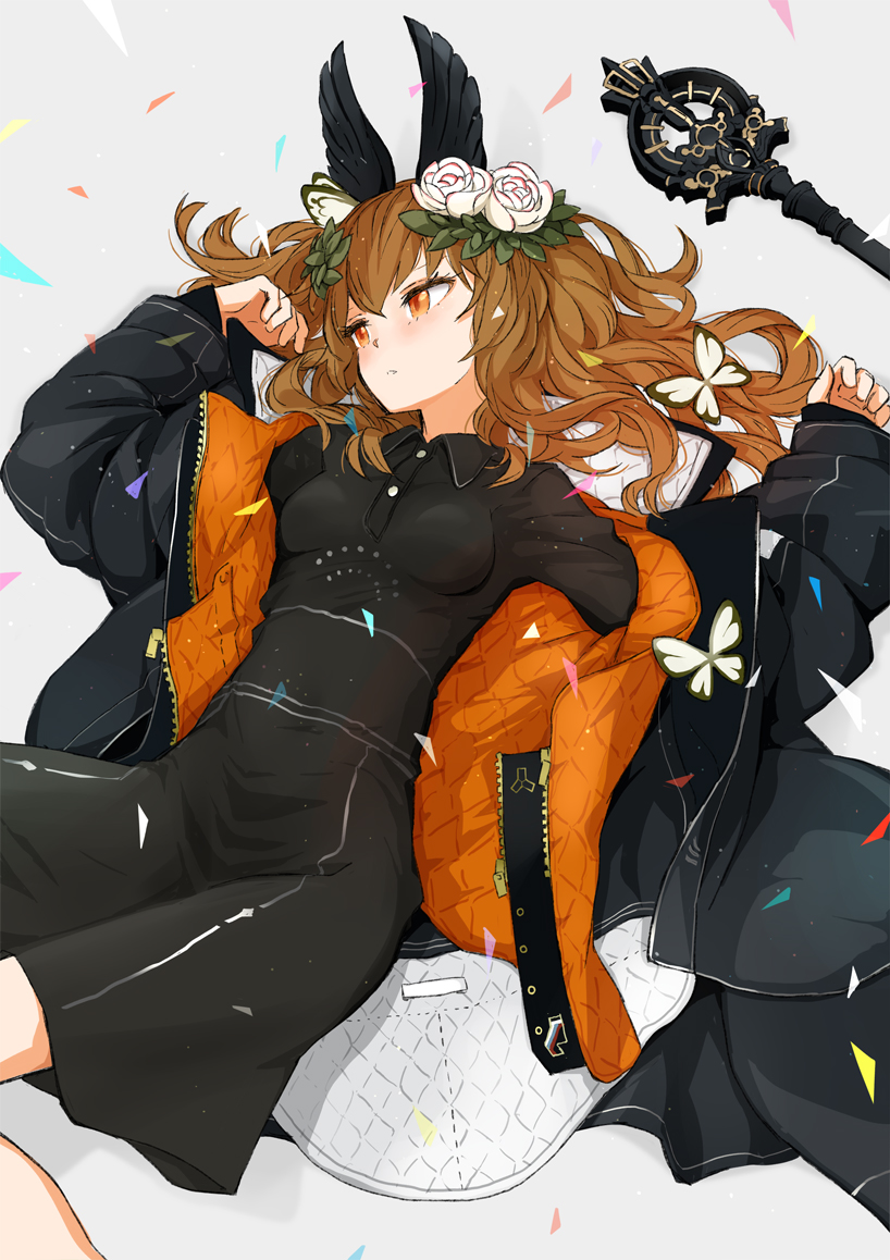 1girl animal_ears arakawa_(aintnoroom) black_dress black_jacket breasts brown_hair bug butterfly closed_mouth collared_dress dress flower hair_flower hair_ornament jacket lavender_quartz long_hair long_sleeves lying on_back open_clothes open_jacket orange_eyes rose simple_background small_breasts solo staff torabishi_lana two-sided_fabric white_background white_butterfly white_flower white_rose zipper