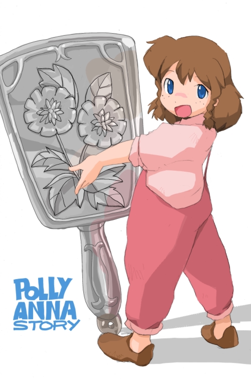 1girl ai_shoujo_pollyanna_monogatari blue_eyes braided_sidelock brown_footwear brown_hair copyright_name dog_nose freckles full_body hand_mirror looking_back mirror open_mouth overalls oversized_object pink_overalls pink_shirt pollyanna_whittier shadow shirt short_hair short_sleeves solo soutasan white_background