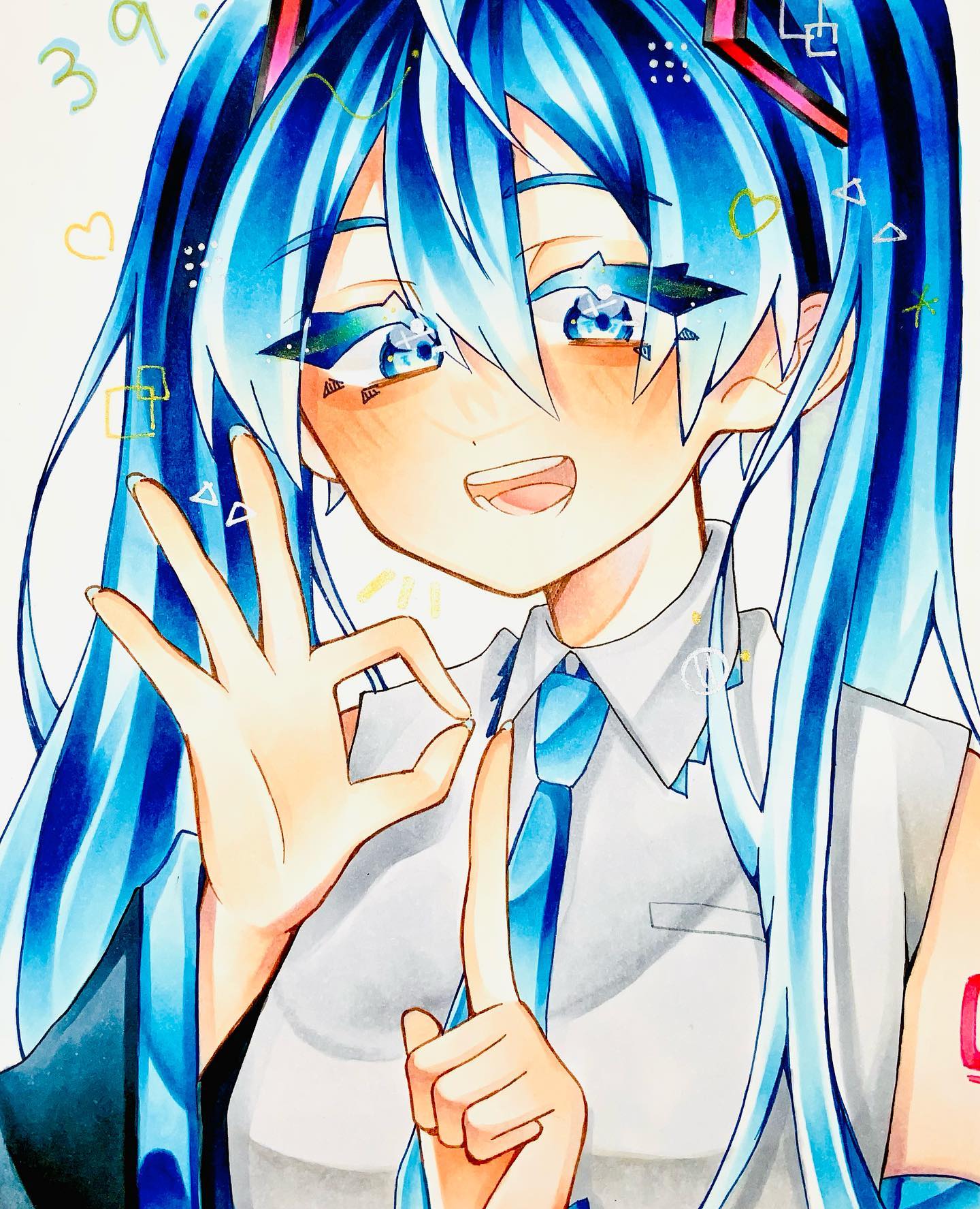 1girl 39 akami_ao blue_eyes blue_hair blue_necktie blush collared_shirt detached_sleeves grey_shirt hair_between_eyes hatsune_miku heart highres long_hair long_sleeves looking_at_viewer necktie open_mouth shirt sleeveless sleeveless_shirt smile solo square triangle_mouth twintails upper_body vocaloid