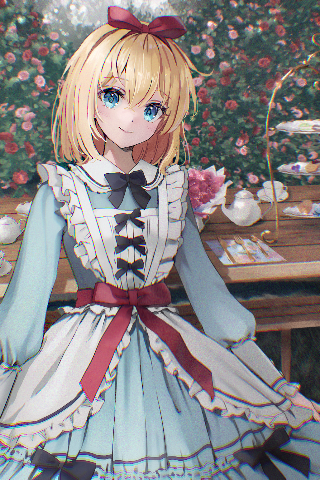 1girl alice_margatroid alternate_costume black_bow blonde_hair blue_dress blue_eyes blush bow closed_mouth dress flower fork frilled_dress frilled_sleeves frills hair_between_eyes highres knife long_sleeves looking_at_viewer red_flower red_rose rose shironeko_yuuki short_hair smile solo spoon touhou