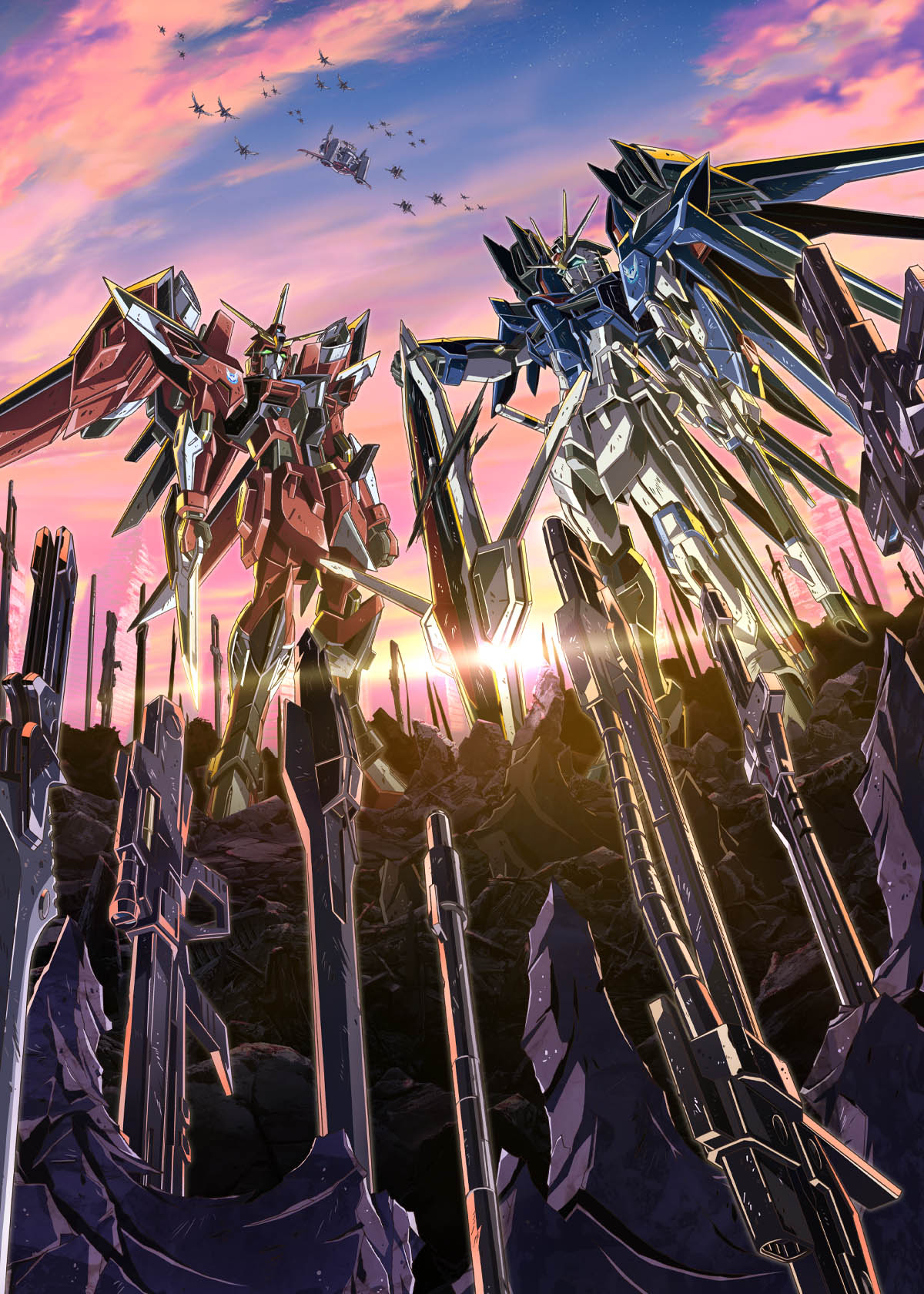 aircraft archangel_(gundam) beam_rifle day energy_gun flying full_body glowing glowing_eyes green_eyes gun gundam gundam_seed gundam_seed_freedom highres holding holding_gun holding_sword holding_weapon immortal_justice_gundam key_visual mecha mechanical_wings mobile_suit murasame_(gundam_seed_destiny) no_humans official_art promotional_art rising_freedom_gundam robot science_fiction shield sky spacecraft sword v-fin weapon wings