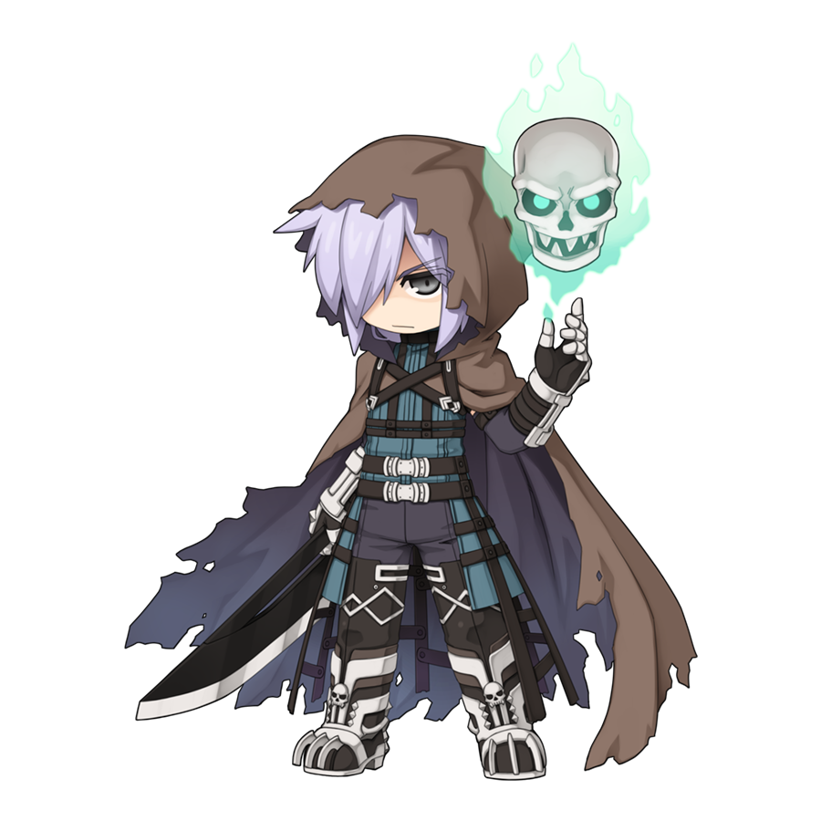 1boy armored_boots black_gloves black_pants blue_shirt boots brown_cloak chibi cloak closed_mouth elbow_gloves flaming_skull floating_skull frown full_body gauntlets gloves grey_eyes grey_hair hair_between_eyes hair_over_one_eye holding holding_sword holding_weapon hood hood_up hooded_cloak long_bangs looking_at_viewer male_focus medium_hair official_art pants ragnarok_online shadow_cross_(ragnarok_online) shirt simple_background sleeveless sleeveless_shirt solo standing sword tachi-e torn_cloak torn_clothes transparent_background v-shaped_eyebrows vambraces weapon yuichirou