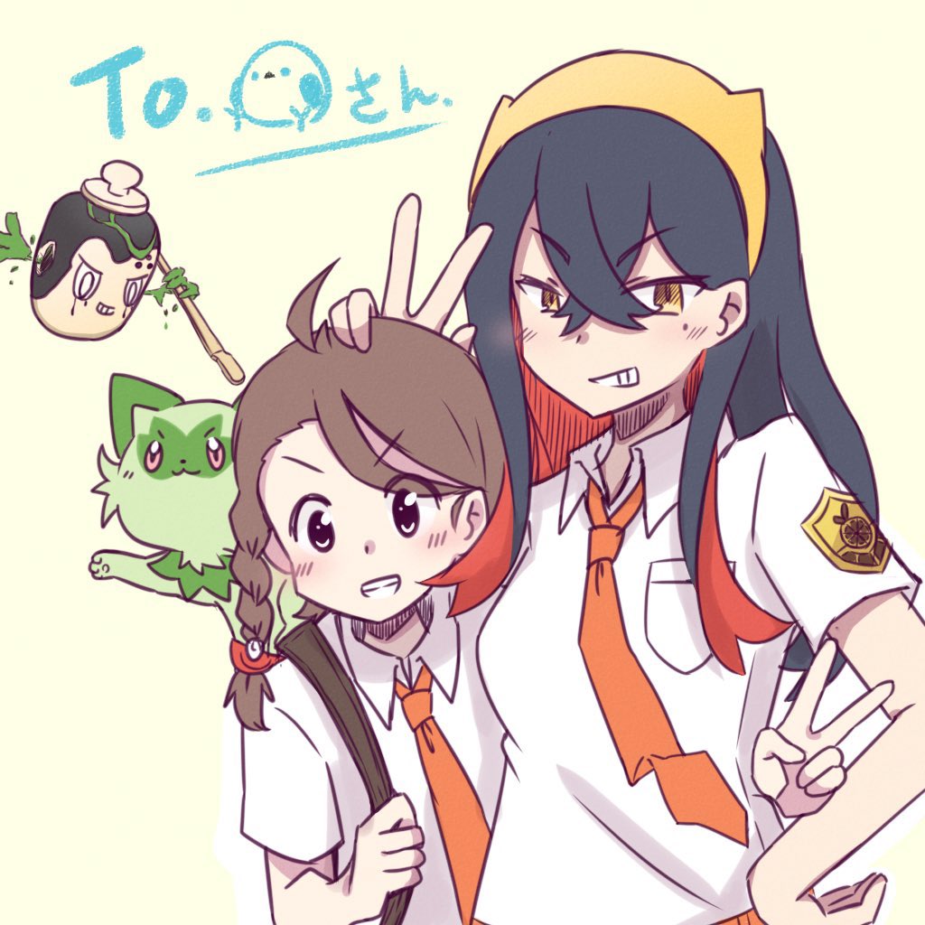 2girls :d arm_around_waist black_hair blush braid brown_hair carmine_(pokemon) collared_shirt colored_inner_hair commentary_request crossed_bangs fukodesu hair_between_eyes hairband hand_on_another's_head hand_on_own_hip juliana_(pokemon) long_hair looking_at_viewer multicolored_hair multiple_girls naranja_academy_school_uniform necktie orange_necktie pokemon pokemon_(creature) pokemon_sv poltchageist redhead school_uniform second-party_source shirt short_sleeves single_braid smile sprigatito teeth two-tone_hair upper_body v white_shirt yellow_hairband