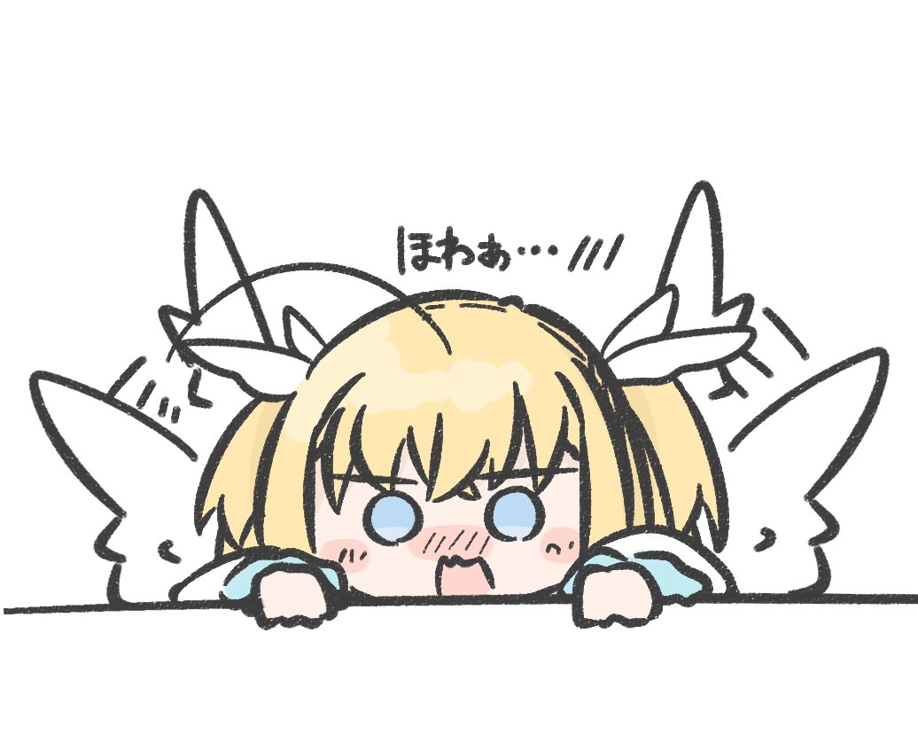 1girl ahoge angel angel_wings bio_iru blonde_hair blue_eyes blush_stickers chibi commentary crossed_bangs embarrassed hair_between_eyes looking_down motion_lines open_mouth shirayuki_noa simple_background solo surprised tenshi_souzou_re-boot! translated two_side_up wavy_mouth white_background white_wings wing_hair_ornament wings