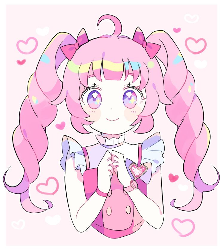 1girl aozora_himari blunt_bangs bow bracelet closed_mouth commentary_request cropped_torso hair_bow hands_up heart himitsu_no_aipri idol_clothes jewelry long_hair looking_at_viewer own_hands_together pink_background pink_bow pink_hair pretty_series purple_bow smile solo twintails upper_body violet_eyes yukiichigo