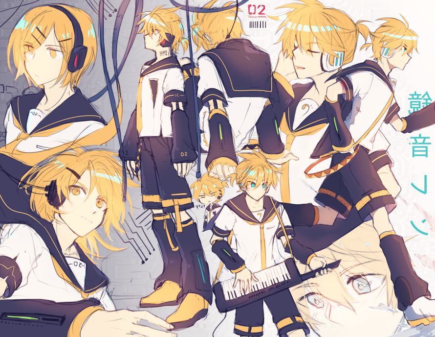 !? ahoge aqua_eyes bass_clef black_sailor_collar black_shorts black_sleeves blonde_hair cable circuit_board detached_sleeves gradient_background hair_ornament hairclip hand_on_headphones hand_on_own_ear headphones headset hikusa holding holding_instrument instrument kagamine_len kagamine_len_(if) keytar multiple_views music musical_note musical_note_print necktie power_symbol-shaped_pupils sailor_collar shirt shoes short_ponytail short_sleeves shorts singing sneakers spiky_hair straight_hair swept_bangs symbol-shaped_pupils vocaloid wavy_hair white_shirt yellow_eyes yellow_footwear yellow_necktie