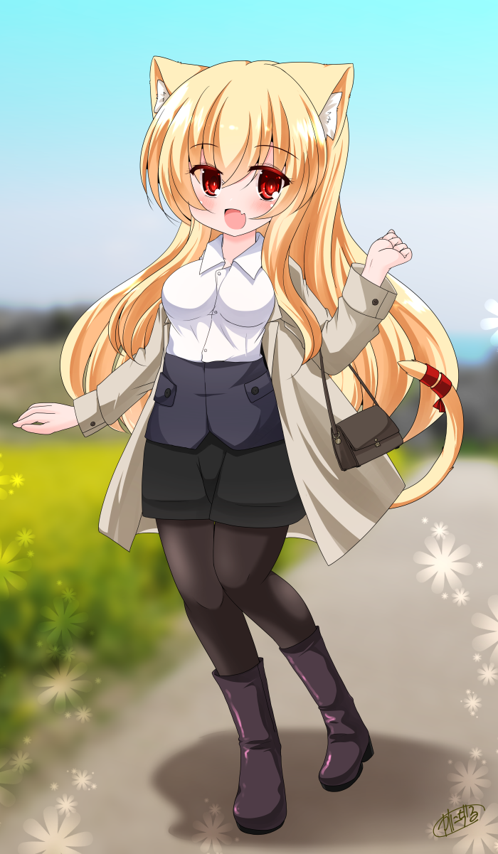 1girl :d animal_ears bag black_pantyhose black_shorts blonde_hair blue_sky blush boots breasts brown_jacket cat_ears cat_girl cat_tail collared_shirt commentary_request day dress_shirt fang hair_between_eyes hand_up handbag highres jacket kanijiru long_hair looking_at_viewer medium_breasts open_clothes open_jacket original outdoors pantyhose pantyhose_under_shorts purple_footwear red_eyes red_ribbon ribbon shirt shorts shoulder_bag sky smile solo tail tail_raised very_long_hair white_shirt