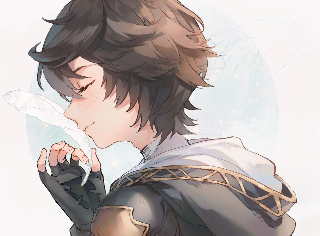 1boy ahoge brown_hair closed_eyes commentary_request cropped_shoulders endend_(shinia) english_commentary feathers fingerless_gloves from_side gloves granblue_fantasy hair_between_eyes holding holding_feather hood hood_down light_smile looking_at_viewer male_focus messy_hair mixed-language_commentary sandalphon_(granblue_fantasy) smile solo_focus turtleneck white_feathers